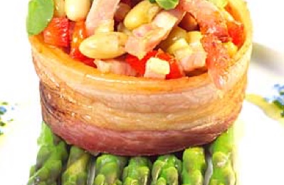 Black Bacon Baskets with Butter Beans & Asparagus